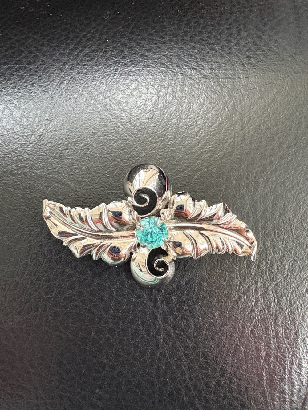 Mid Century Sterling Silver Bond Boyd Leaf Brooch with Aquamarine Stone  Accent
